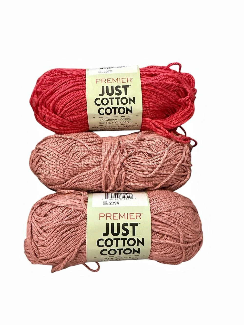 Lot Of 3 Premier JUST COTTON WORSTED 87 Yards Each Dusty Rose Pink / Mango